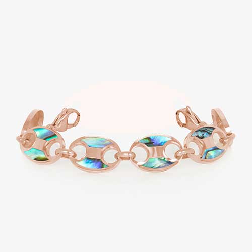 Strand-only image of rose gold mariner-style bracelet with abalone inlay, compatible with any Lauren’s Hope medical ID tag
