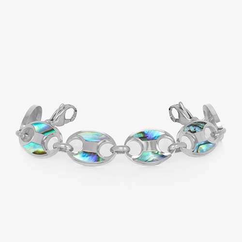 Strand-only image of stainless steel mariner-style bracelet with abalone inlay, compatible with all Lauren’s Hope medical ID tags