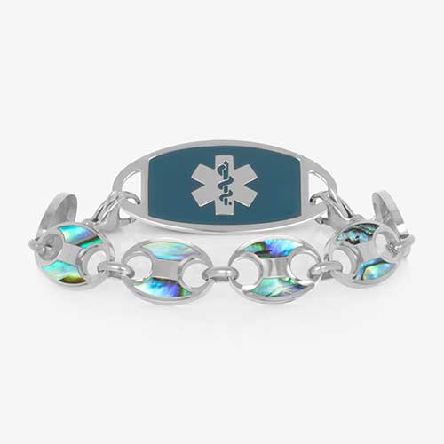 Stainless steel medical ID bracelet with sapphire tone inlay and engraved alert tag, featuring mariner-style chain links