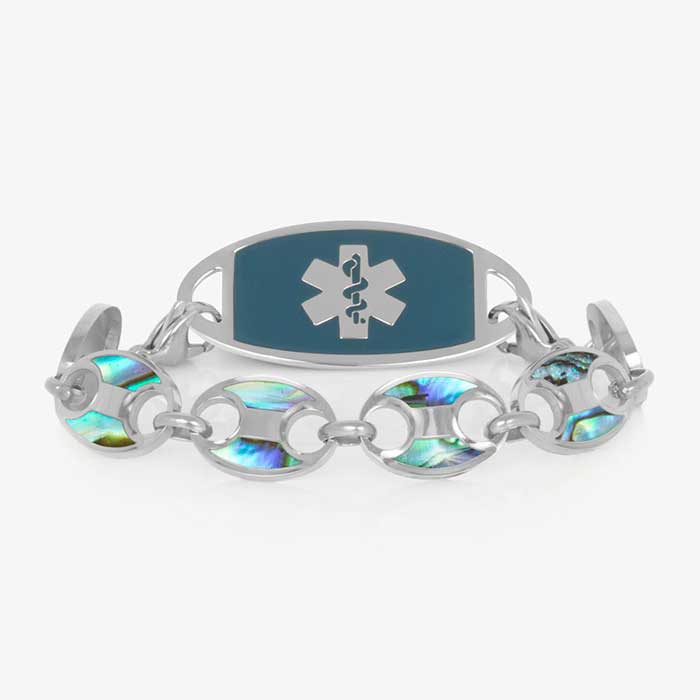 Stainless steel medical ID bracelet with sapphire tone inlay and engraved alert tag, featuring mariner-style chain links