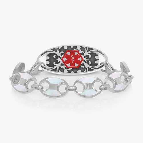 Stainless steel mariner link medical ID bracelet with mother of pearl inlay paired with a silver, decorative medical ID tag with red caduceus.