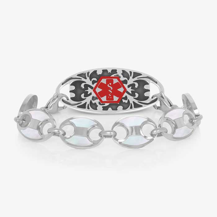 Stainless steel mariner link medical ID bracelet with mother of pearl inlay paired with a silver, decorative medical ID tag with red caduceus.