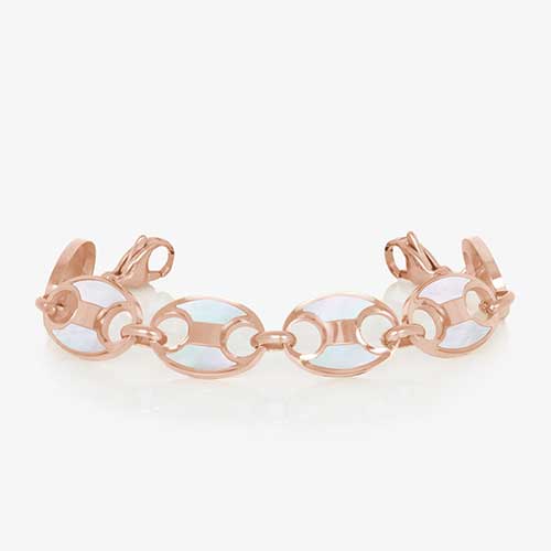 Rose gold tone stainless steel mariner link medical ID bracelet with mother of pearl inlay.