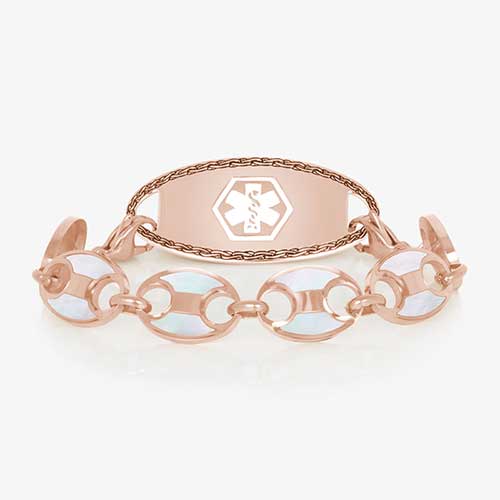 Rose gold tone stainless steel mariner link medical ID bracelet with mother of pearl inlay paired with rose gold tone medical ID tag.