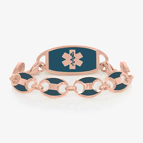 Rose gold tone stainless steel mariner link medical ID bracelet with sapphire blue paint inlay paired with rose gold tone stainless steel medical ID tag with sapphire blue inlay.