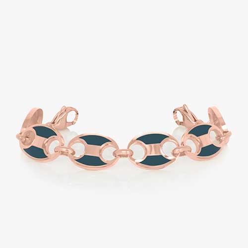 Rose gold tone stainless steel mariner link medical ID bracelet with sapphire blue inlay finished with rose gold tone stainless steel lobster clasps at each end.