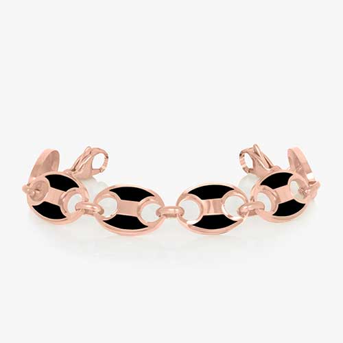 Rose gold tone stainless steel mariner link medical ID bracelet with black paint inlay finished with rose gold tone stainless steel lobster clasps at each end.