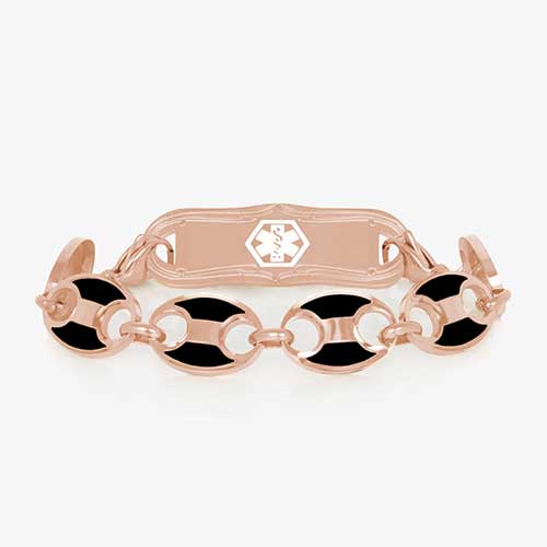 Rose gold tone stainless steel mariner link medical ID bracelet with black paint inlay paired with rose gold tone medical ID tag with white medical alert symbol.
