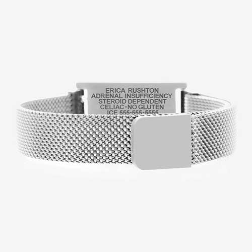 Magnetic clasp on stainless steel magnetic mesh med ID bracelet with premium laser engraving.
