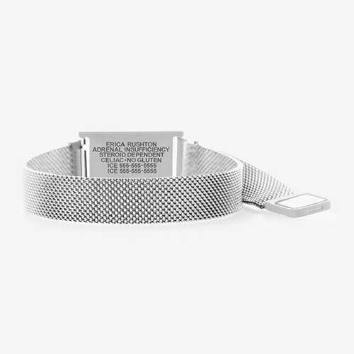 Magnetic clasp on stainless steel magnetic mesh med ID bracelet with premium laser engraving.