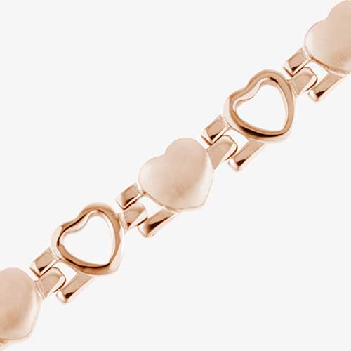 Mother of Pearl Love Links Medical ID Bracelet, plated rose tone hearts, rose tone medical caduceus symbol on affixed tag