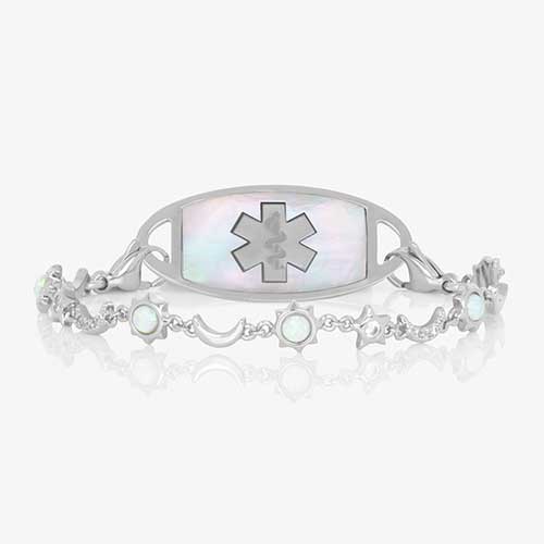 Silver medical ID chain with sun, moon, and stars links with opal and cubic zirconia inlay