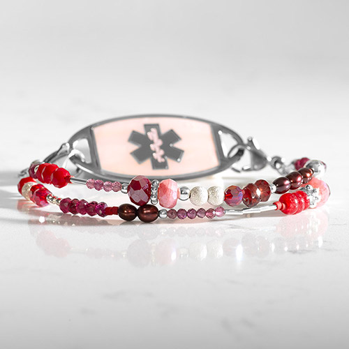 Red and pink beaded medical ID bracelet paired with pink mother of pearl medical ID tag in silver