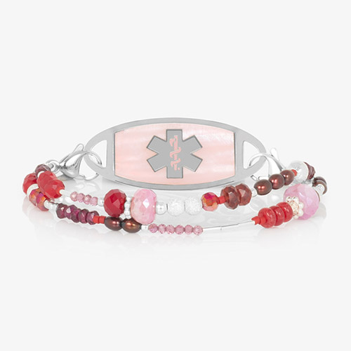 Red and pink beaded medical ID bracelet paired with pink mother of pearl medical ID tag