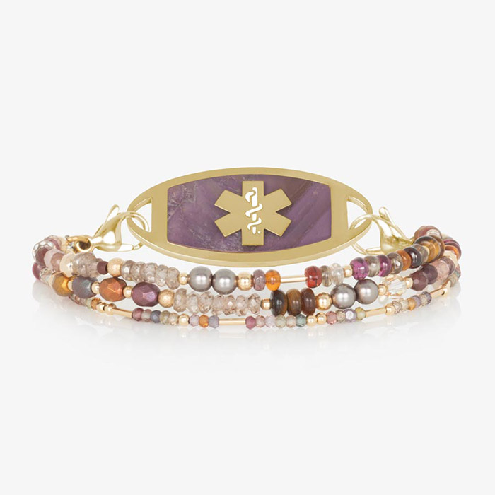 Fawn Beaded three strand Medical ID Bracelet in gemstone and gold, paired with a gold and amethyst inlay Med ID Tag.