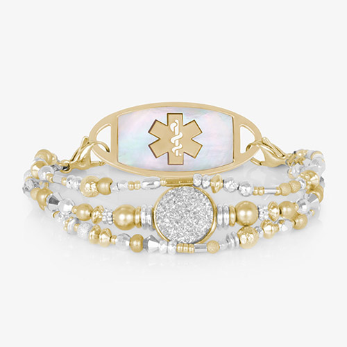 Mother-of-pearl medical ID tag with gold medical symbol, attached to dual-tone beaded bracelet.