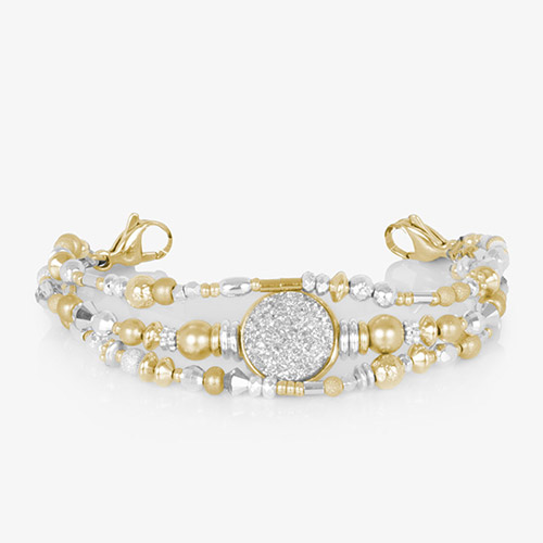 Gold and silver beaded bracelet strands without ID tag, showcasing versatile interchangeable style.