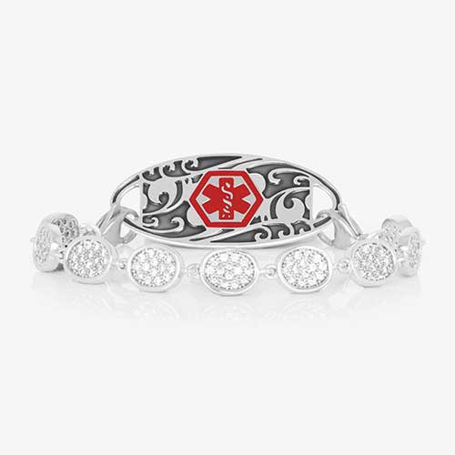 Lena Medical ID Bracelet in Crystal and Silver with rhodium and palladium plated oval links and pave-set cubic zirconia, perfect for pairing with any Lauren’s Hope medical ID tag