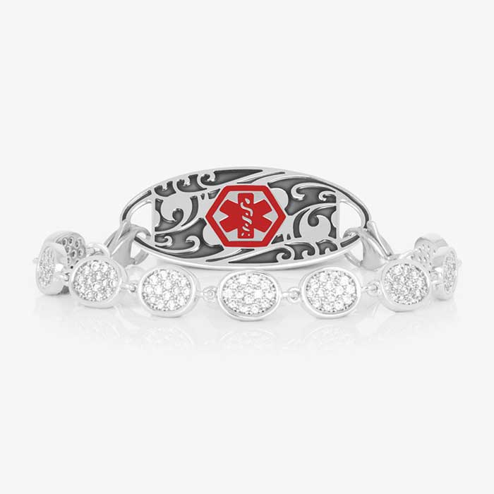Lena Medical ID Bracelet in Crystal and Silver with rhodium and palladium plated oval links and pave-set cubic zirconia, perfect for pairing with any Lauren’s Hope medical ID tag