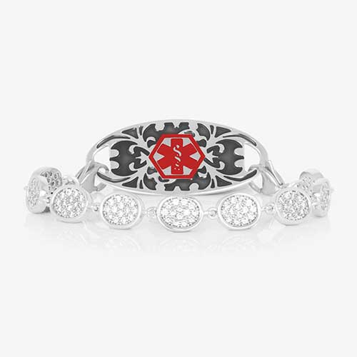 Lena Medical ID Bracelet in Crystal and Silver with rhodium and palladium plated oval links and pave-set cubic zirconia, perfect for pairing with any Lauren’s Hope medical ID tag