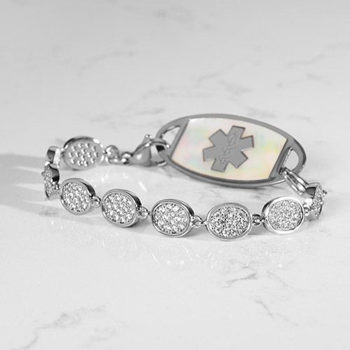 Sophisticated Lena Medical Alert Bracelet for women in Crystal and Silver, featuring pave-set cubic zirconia and fully interchangeable design for added versatility