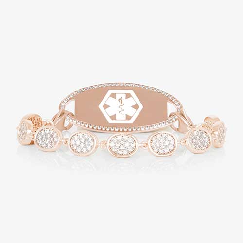 Lena Medical ID Bracelet in Crystal and 14k Rose Gold Plate with pave-set cubic zirconia crystals, perfect for pairing with Lauren’s Hope medical ID tags