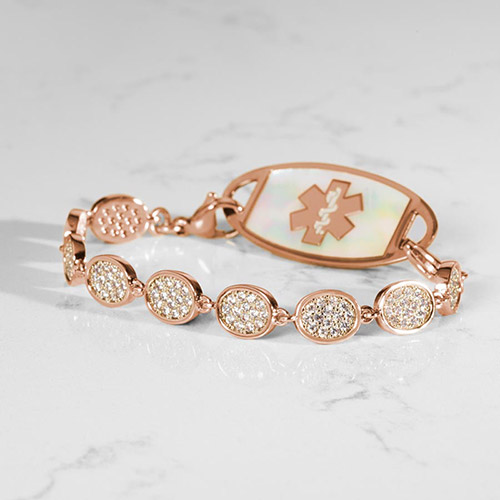 Elegant Lena Medical Alert Bracelet in 14k Rose Gold Plate with sparkling cubic zirconia, designed for both daily wear and special occasions