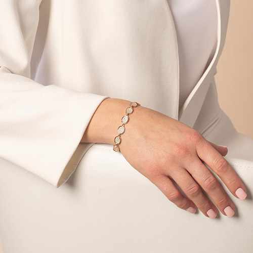Lena Medical ID Bracelet in Crystal and 14k Rose Gold Plate with lobster clasps, shown on wrist, adding a subtle sparkle to your medical alert jewelry