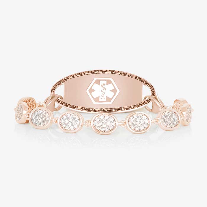 Lena Medical ID Bracelet in Crystal and 14k Rose Gold Plate with braided pattern border, perfect for pairing with Lauren’s Hope medical ID tags