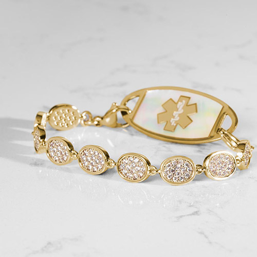 Elegant Lena Medical Alert Bracelet in 12k Gold Plate with sparkling cubic zirconia, designed for daily wear and special occasions
