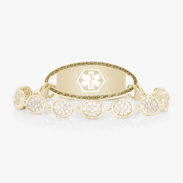 Lena Medical ID Bracelet in Crystal and 12k Gold Plate with pave-set cubic zirconia crystals, perfect for pairing with Lauren’s Hope medical ID tags
