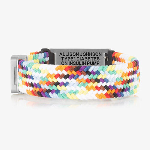 Comfortable Urban Stretch Medical Alert Bracelet in Rainbow and Silver, featuring a stretch band and red medical caduceus symbol for emergency identification