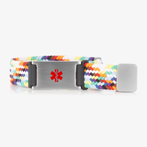 Modern Urban Stretch Medical ID Bracelet in Rainbow and Silver with a stretch band and prominent red medical caduceus symbol, offering comfort and style