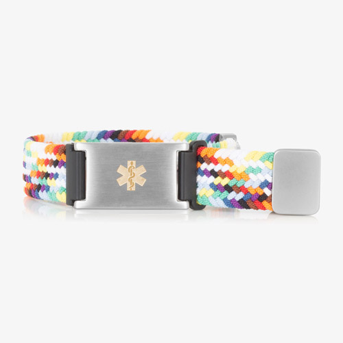 Urban Stretch Medical ID Bracelet in Rainbow and Silver with a woven and braided stretch band, featuring a gold medical caduceus symbol