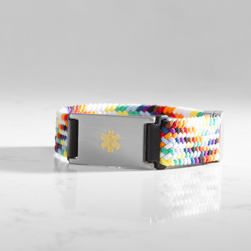 Urban Stretch Medical ID Bracelet in Rainbow and Silver with a woven and braided stretch band, featuring a gold medical caduceus symbol