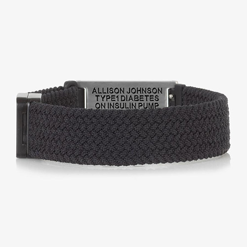 Urban Stretch Medical Alert Bracelet Band in Black and Silver, featuring a sleek design and woven stretch band for convenience and comfort