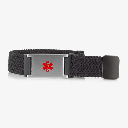 Urban Stretch Medical Alert Bracelet Band in Black and Silver, featuring a sleek design and woven stretch band for convenience and comfort