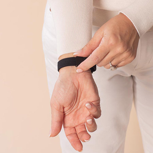 Urban Stretch Medical Alert Bracelet Band in Black and Silver, featuring a sleek design and woven stretch band for convenience and comfort