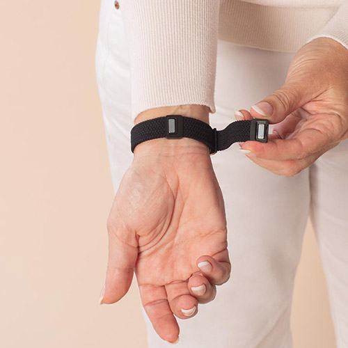 Urban Stretch Medical ID Bracelet in Black and Silver with a woven band and prominent red medical caduceus symbol for safety and style