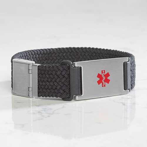 Urban Stretch Medical ID Bracelet in Black and Silver with woven and braided stretch band, featuring a red medical caduceus symbol on marble