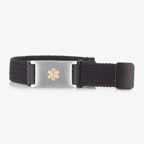 Urban Stretch Medical ID Bracelet in Black and Silver with woven and braided stretch band, featuring a gold medical caduceus symbol