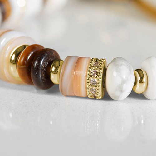 Elegant Shelly Stretch Beaded Medical Alert Bracelet with natural shell and gold accents, interchangeable with any Lauren’s Hope medical ID tag