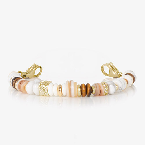 Interchangeable Shelly Stretch Beaded Medical ID Bracelet with natural shell and tiger’s eye beads, designed for use with custom Lauren’s Hope medical ID tags
