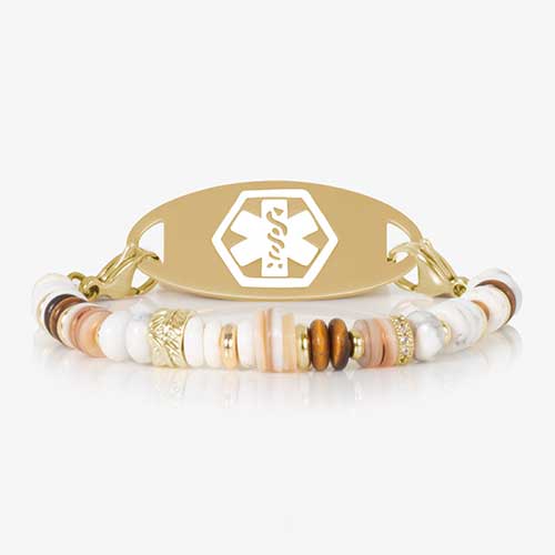 Shelly Stretch Beaded Medical ID Bracelet with howlite, tiger’s eye, and mother of pearl beads, paired with a custom Lauren’s Hope medical ID tag