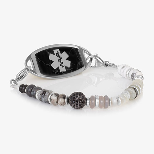 Interchangeable Donna Stretch Beaded Medical ID Bracelet with silver accents and a black cubic zirconia centerpiece, designed for use with medical ID tags