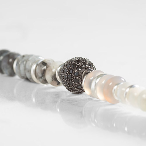 Interchangeable Donna Stretch Beaded Medical ID Bracelet strand only, featuring moonstone, howlite, and a bold black centerpiece with cubic zirconia