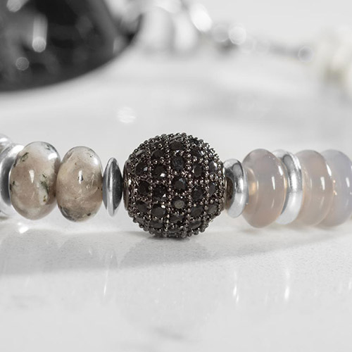 Interchangeable Donna Stretch Medical Alert Bracelet with agate and mother of pearl beads, designed to pair with any Lauren’s Hope medical ID tag