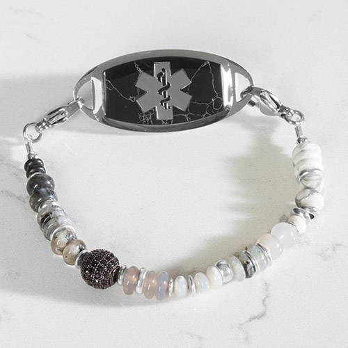 Chic Donna Stretch Beaded Medical Alert Bracelet with a combination of agate and mother of pearl beads, perfect for pairing with Lauren’s Hope medical ID tags