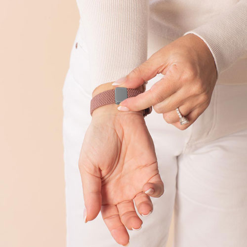 Urban Stretch Medical Alert Bracelet Band in Rosewood and Silver, featuring a sleek design and woven stretch band for convenience and comfort