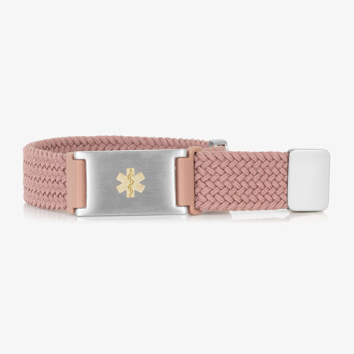 Urban Stretch Medical ID Bracelet in Rosewood and Silver with woven and braided stretch band, featuring a gold medical caduceus symbol